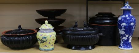 A quantity of mixed lacquer ware and two Chinese vases