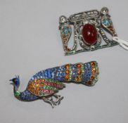 An early 20th century continental 935 standard silver, enamel marcasite and cabochon set brooch