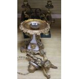 A pair of candlesticks and a candle holder and a hanging putti light drops, etc.