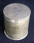 A 1930's silver cylindrical box and cover with engraved inscription, Goldsmiths & Silversmiths Co