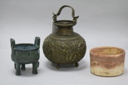 A Chinese bronze censer and an Indian brass jar and an alabaster pot