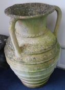 Two 3-handled garden urns H.90cm