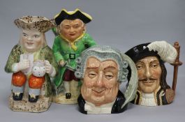 A 19th century Hearty Good Fellow toby jug, another toby jug and two Doulton character jugs