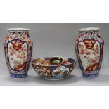 A pair of Imari vases and a modern bowl