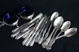 A pair of George III silver bun salts, a set of 6 Victorian silver teaspoons and six pairs of 800