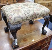 A George III style mahogany upholstered cabriole leg stool, W.59cm