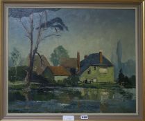 Oil on board, riverscape with house by a tree, signed Jones and dated 1965, 48.5 x 59cm