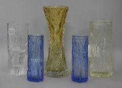 Five bark-effect clear and coloured Art glass vases