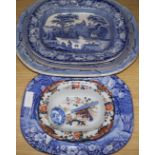 Five various Staffordshire blue and white Willow pattern meat dishes and another