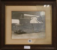 Early Road Transport: two sepia photographs of a flatbed truck and a stem traction engine, 24 x