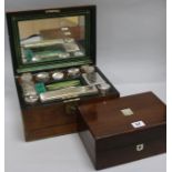 A Victorian walnut toilet box, with electroplate mounted jars and a rosewood box