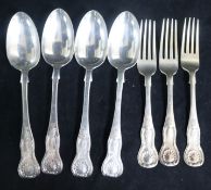 Four Victorian Scottish silver King's pattern table spoons and three table forks, Mackay & Chisholm,