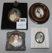 A collection of four miniatures of young women, after 18th / 19th century originals, largest 6 x