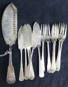Six pairs of late Victorian silver Old English pattern fish eaters, Charles Stuart Harris and a