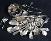 Twenty seven assorted items of silver flatware, a silver napkin ring, an Indian bowl and two