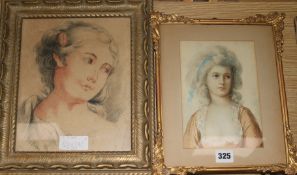 A pencil portrait and watercolour portrait, in gilt frames, largest 25 x 20cm