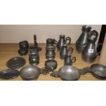 A graduated set of pewter measures, three quaich, miniatures plates, etc.