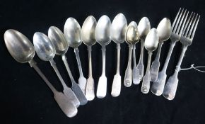 Twelve assorted silver spoons including 19th century, two similar forks and a plated tablespoon.