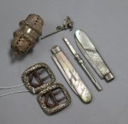 A pair of William IV silver and steel buckles, 2 silver bladed folding fruit knives and three
