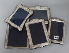 Five modern silver photograph frames, blue plush easel backs, 18cm - 20cm