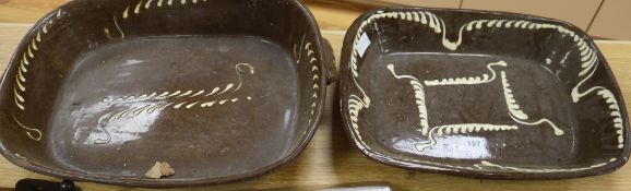 Two large Victorian slipware baking dishes