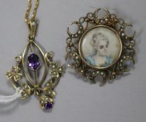 An amethyst and seed pearl-set openwork pendant on 9ct gold fine neck chain and a portrait miniature