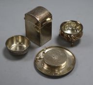 A George V silver card box, a silver dish, a hat shaped ash tray and a bowl, 6.7ozs