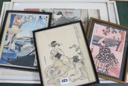 Five Japanese woodblock prints, largest 36 x 25cm