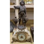 A French figural spelter and marble three piece clock set