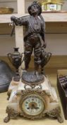 A French figural spelter and marble three piece clock set