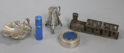 A collection of Continental silver items, including a blue enamelled scent phial case