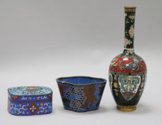 A Chinese cloisonne narrow-neck vase, decorated dragons and stylised motifs and two other items,