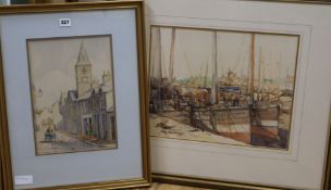 Two watercolours, one of harbour scene and a street scene, one signed Robert Kilpatrick, the other