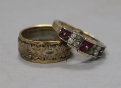 A ruby and diamond set ring, stamped 9kt and a two colour 9ct gold band