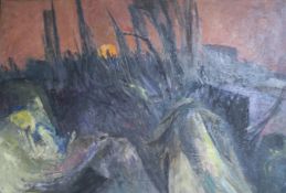 Violet Fuller, oil on board, sun over a winter hedge, 49.5 x 67cm