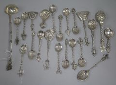 A set of twelve Dutch silver souvenir coffee spoons, various decorative preserve, caddy and other