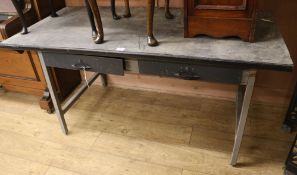 A metal two drawer table, W.152cm