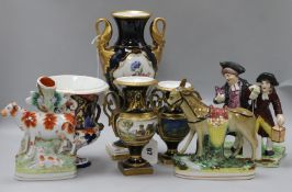 A Derby Imari pedestal urn (lacking cover), a pair of Canton vases and covers and three other items,