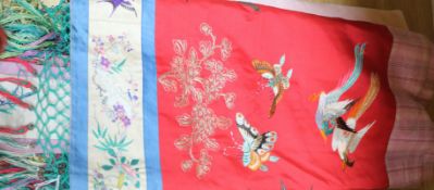 A Chinese embroidered silk bed cover and a similar table frontal shawls