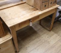 A pine drop leaf table with drawer, W.115cm