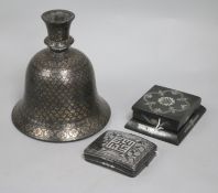 An Indian Bidri hookah base, and two other items of Bidri ware, comprising a flower-decorated