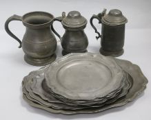 Set six 19th century French pewter petal rimmed dishes, four ditto oval meat dishes & three