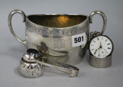 A Victorian 2 handled silver sugar basin, 9.7oz., two silver napkin rings, a silver pocket watch and