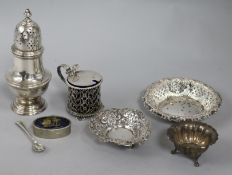 A group of silver including a sugar castor, a mustard pot, a salt and 2 bon-bon dishes, 10.8oz.