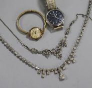 A paste necklace, a marcasite necklace, a lady's 9ct gold watch and a Pulsar watch