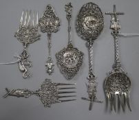 A Dutch silver souvenir spoon and fork set, with pierced and embossed decoration and windmill