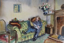 Beric Young, watercolour, interior scene with a man seated reading a paper, signed, 37 x 55cm