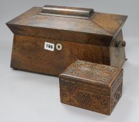 A rosewood tea caddy and an Indian box