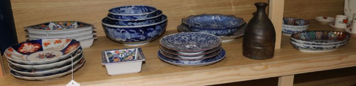 A collection of Imari dishes with scalloped edges, modern Asian blue and white and sundry ceramics