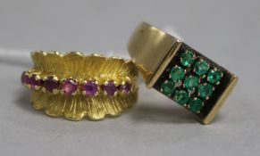 An 18ct gold and ruby ring and an emerald and 9ct gold ring